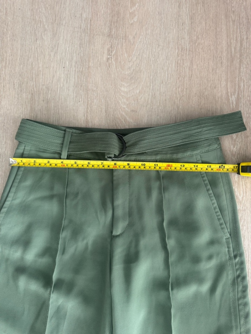 Olive Green Belted Wide Leg Trousers High Waist Tailored Minimalist Chic - Picture 7 of 8